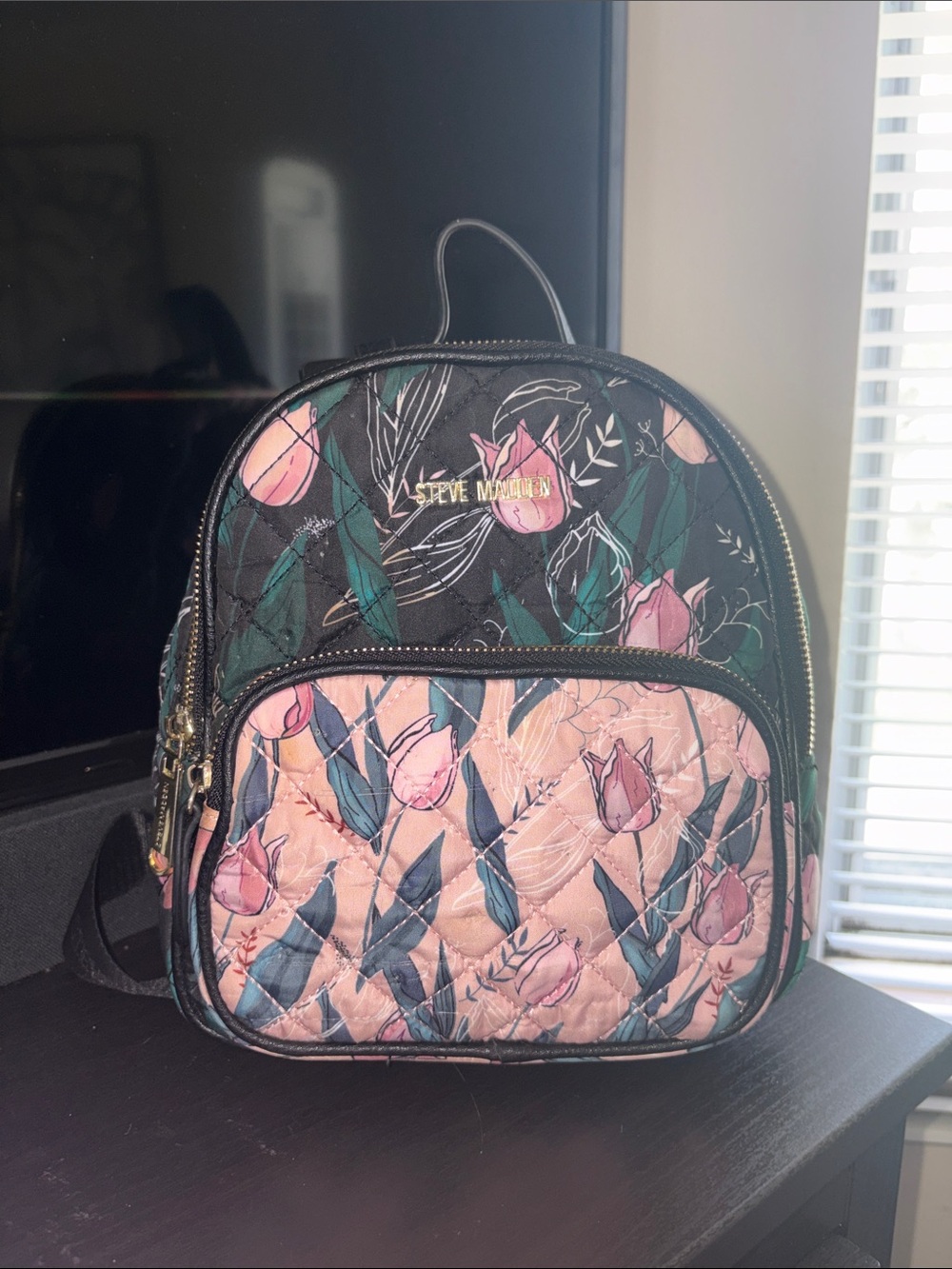 Steve Madden Floral Quilted Pink and Green Mini Backpack